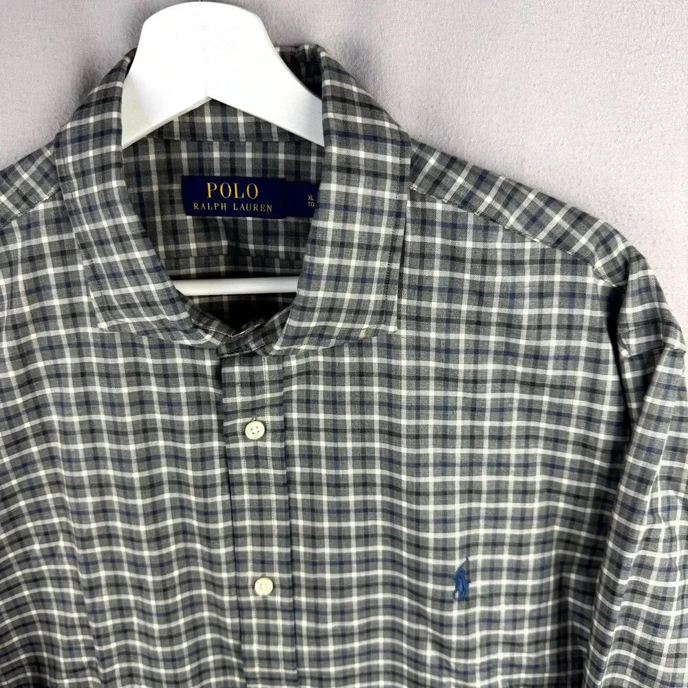 Polo Ralph Lauren Shirt Mens XL Gray Blue Tattersall Check Long Sleeve Button Up